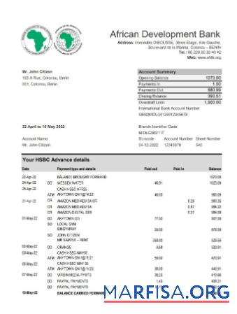 Downloadable Benin African Development bank statement excel template